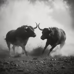 two bulls are running down the dusty terrain