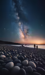 two people standing near the ocean watching the stars
