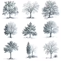 different kinds of trees drawn in black and white