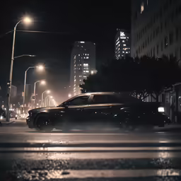 a black car drives down a city street