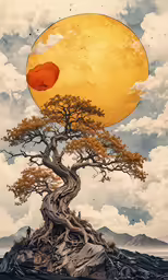 tree with moon in background, landscape, artwork, digital art