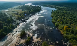 an aerial view of a river and its banks