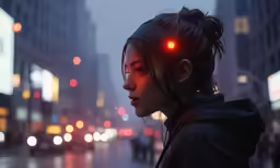 a person stands in front of a city street with traffic on red lights