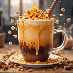 a glass with some liquid and cereal falling out,an iced beverage with a spoon in the middle