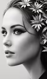 black and white photograph of a girl with flowers in her hair