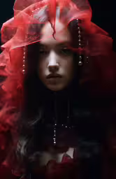 there is a very beautiful woman wearing red clothing,a woman with very long hair wearing red veil and beads