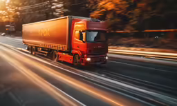 there is a red tractor trailer traveling down the street