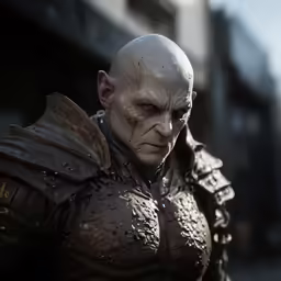 a game character with large leather armor and red nails