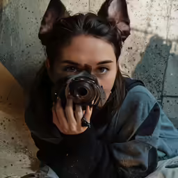 a woman holds a gun up to the camera