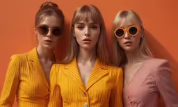 three models standing together in front of an orange background