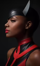 a woman wearing a demon costume and red lipstick