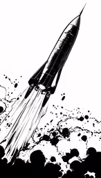 a black and white drawing of a rocket with bubbles and splots