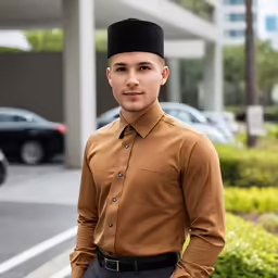a man standing in front of a building wearing a black hat