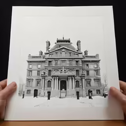 a person holds up an architectural drawing of a large old building