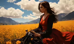 a woman on a motorcycle in a field