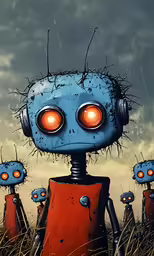 an orange and blue robot standing in tall grass