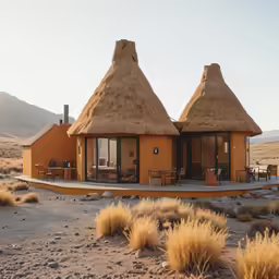a building with straw roof and thatched roof