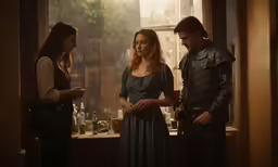 a woman in a long dress talking to another man