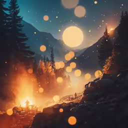 a campfire with lights and water in the foreground