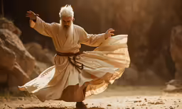 the man in the traditional clothing has his hands out as if he are dancing