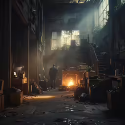 a man walks away from an abandoned industrial building