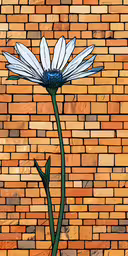 a painted daisy in front of a brick wall,a flower sitting in front of a brick wall