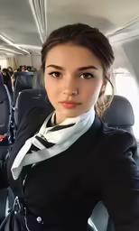 a woman in the airplane wearing a black and white dress