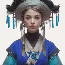 a close up of a woman wearing a hat with tassels
