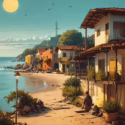 the beautiful view of the sea with houses and bird flying over it,a view of a beach, houses and birds flying by