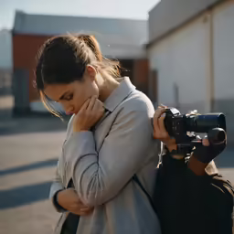 a young woman holding onto her camera in front of a building