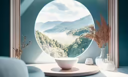 an oval painting on the wall with mountains is shown in the background