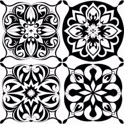 four black and white geometric design on paper,three different designs in black and white,four variations of ornamental ornaments and a flower,black and white abstract designs on a white background,four different types of tiles in black and white