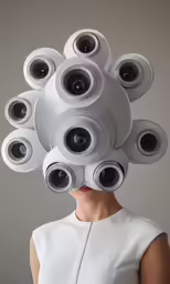 a woman with large speaker heads on her head