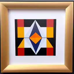 a white black and red painting with an orange triangle,an art piece that is inside a wooden frame,a painting in a golden frame hanging on a wall,an abstract painting is framed on the wall,a black red yellow blue and orange framed art