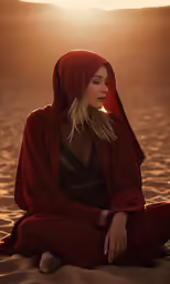 the woman is wearing red robes in the desert