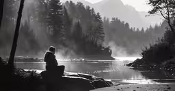 black and white photograph of a person on rocks looking at water,a man standing on top of a wooden pier next to a lake