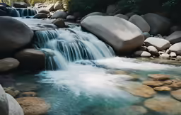 there is a waterfall that has rocks next to it