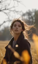 a young woman standing in a field with a windblow behind her