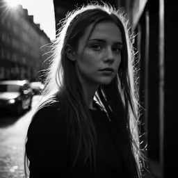 a woman with long hair standing by a building