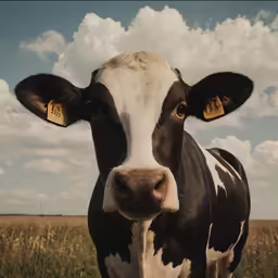a cow standing in the grass with clouds in the background