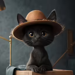 a cat with an adorable hat sitting on top of a desk