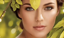 a woman with a tree branch near her face