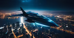 a futuristic black jet flying over city at night