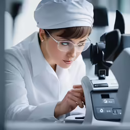 a female baristal looking through a machine in her laboratory