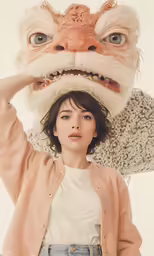 a woman holding a big monster like head