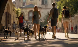 two women and one man are walking some dogs down the street