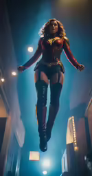 a woman dressed as wonder woman is flying