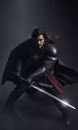 a man in black clothes and a suit holding a sword
