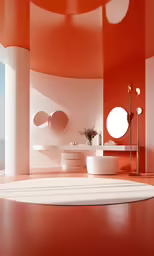 a very bright room with red walls and two big mirrors