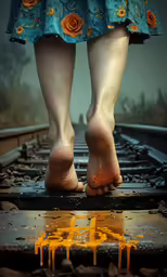 a pair of legs that have been placed on a train track